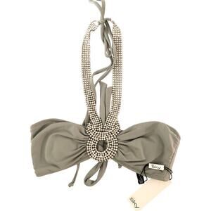 Sky Rhinestone Bikini Top Halter Embellished Gray NWT S